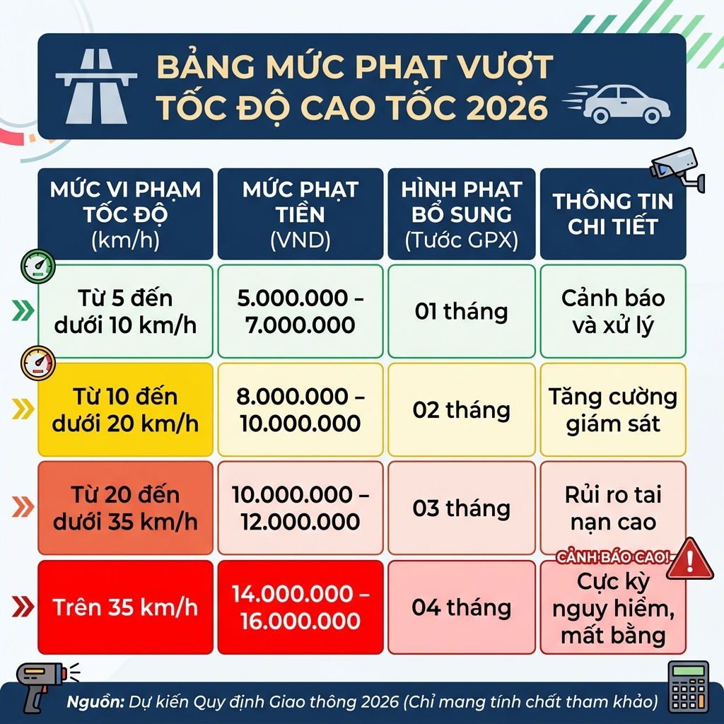 Bảng mức phạt vượt tốc độ cao tốc 2026 theo Nghị định 168