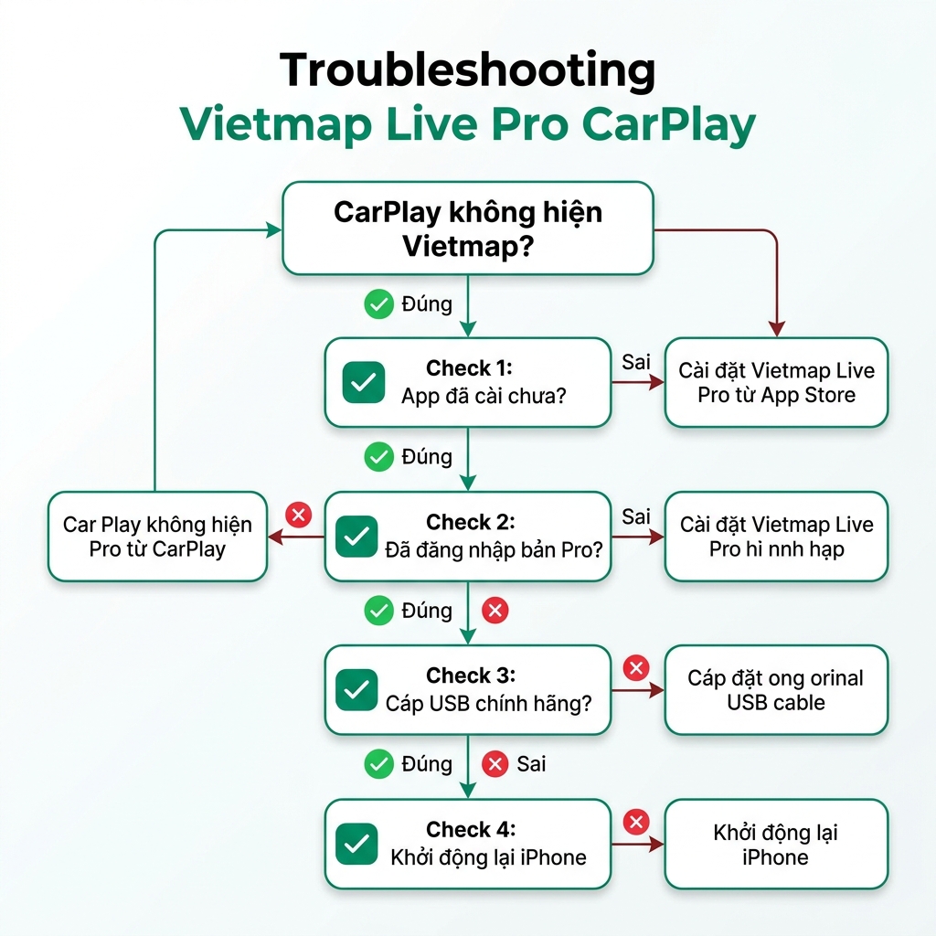 Flowchart xử lý lỗi kết nối Vietmap Live Pro với CarPlay