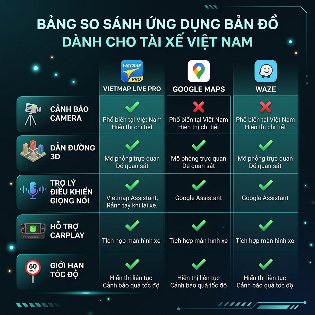 So sánh Vietmap Live Pro với Google Maps và Waze cho ô tô